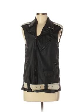 Laveer Contrast Moto Vest Black Faux Leather Belted Medium Biker Grunge